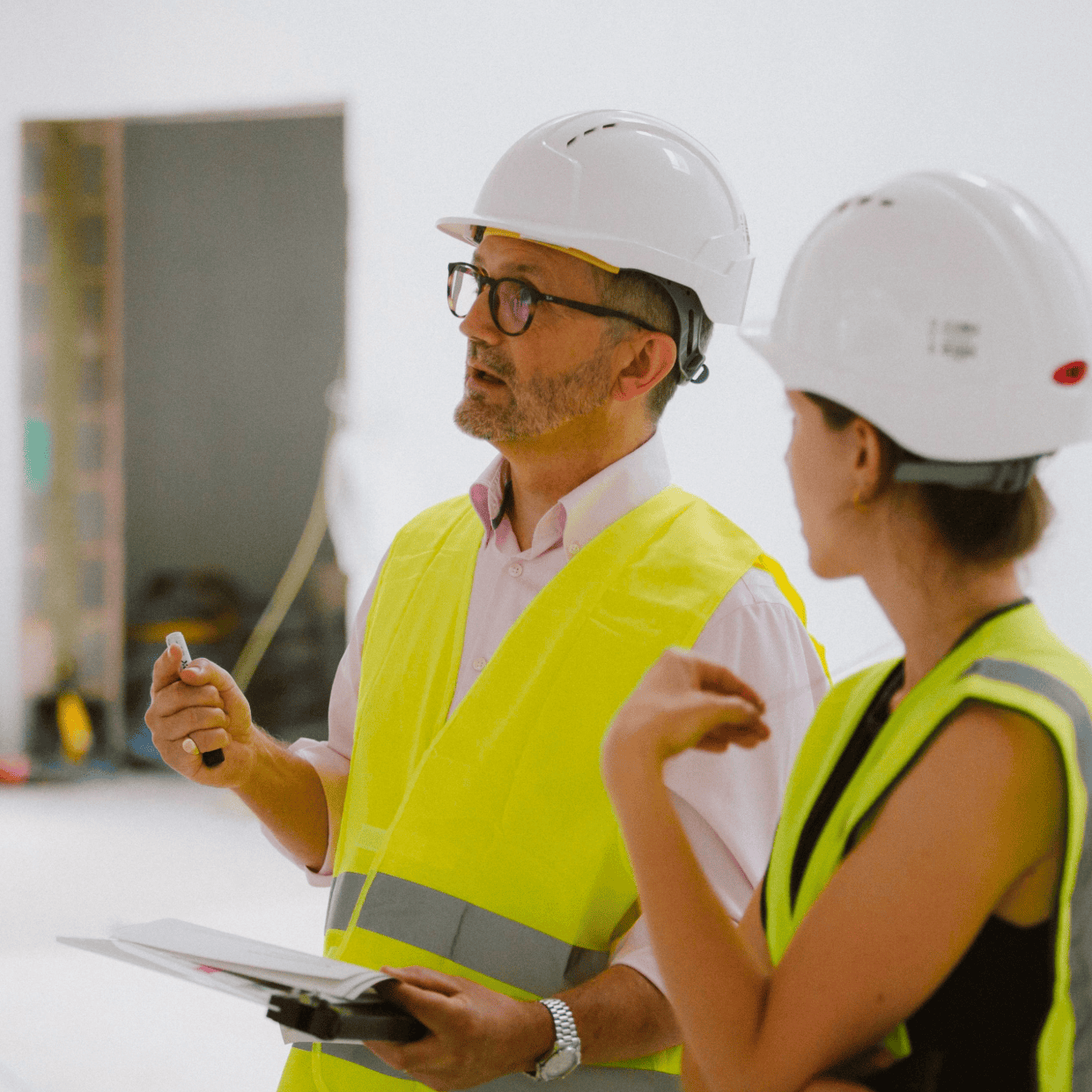 Jon Broome wearing a hard hat and high visibility vest speaking with a colleague on a construction site.