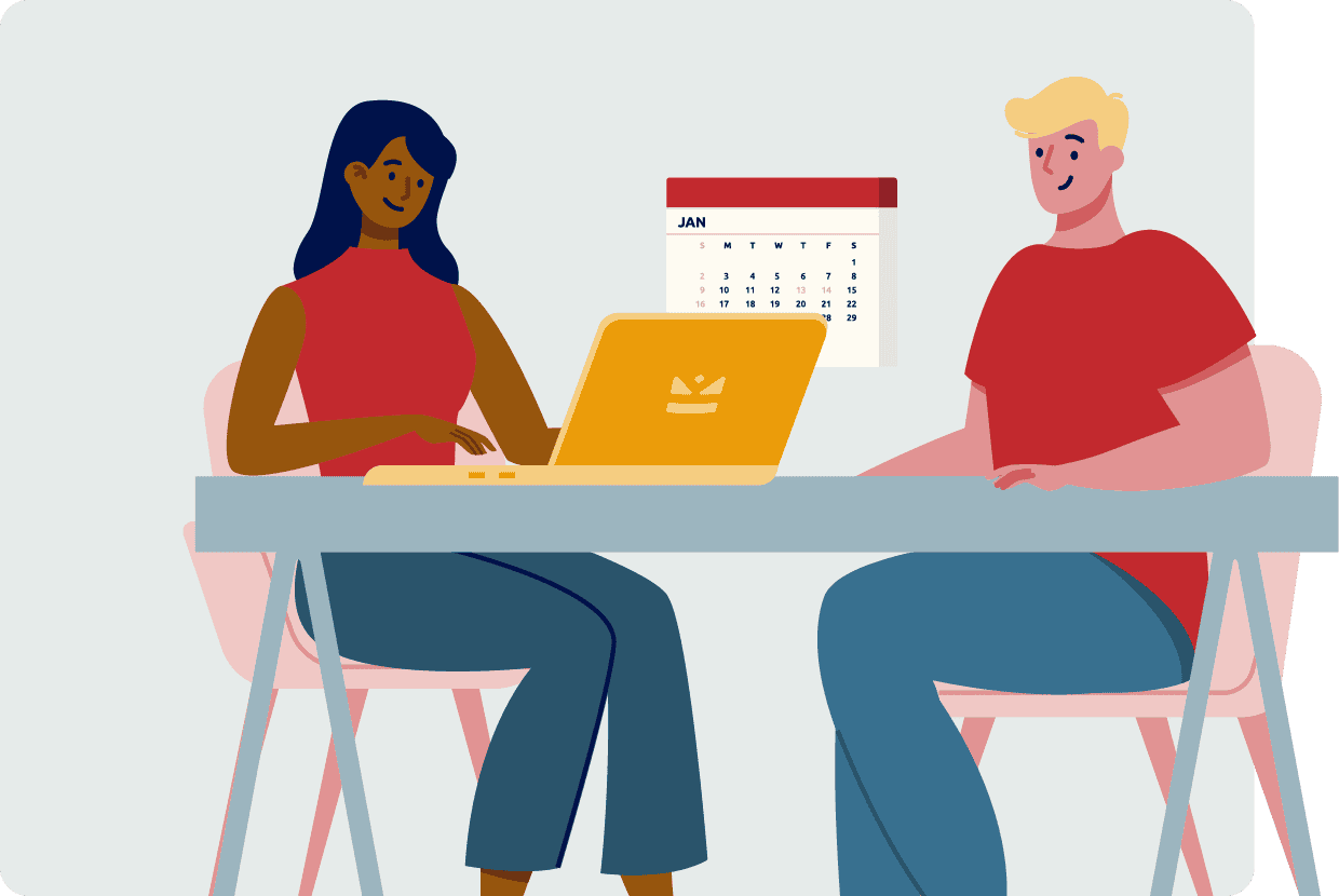 Illustration of two people sitting at a table using a laptop, representing a financial consultation or personalised advice session.
