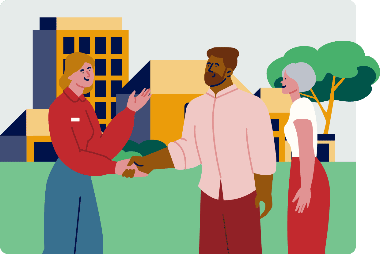 Illustration of people discussing and shaking hands outside a church building, representing insurance advice and support for churches and charities.