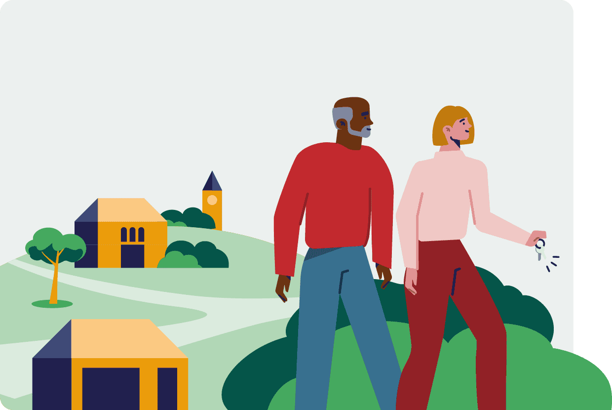 Illustration of two people walking through a village with a church in the background, one holding keys, representing the purchase of a church building.